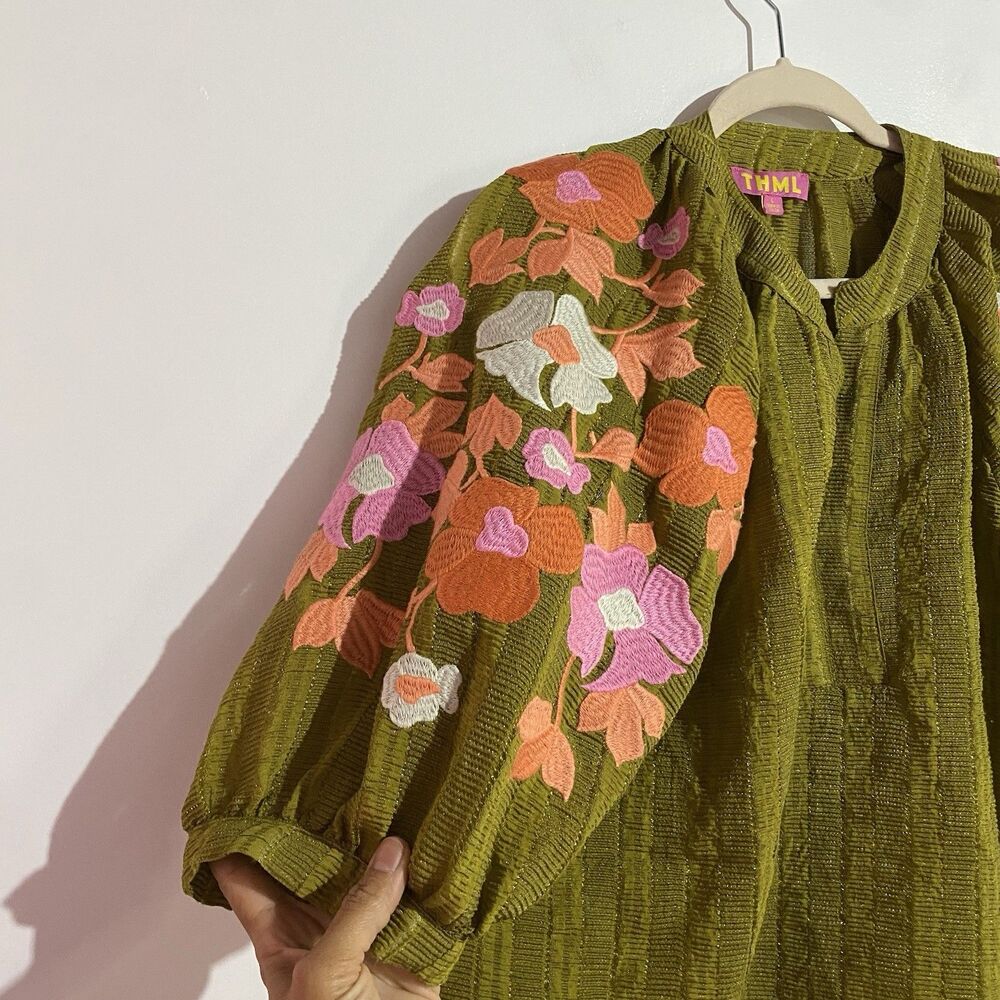 THML Anthropologie Top L Green Floral Embroidered Puff Sleeve Fall Boho - Picture 5 of 13